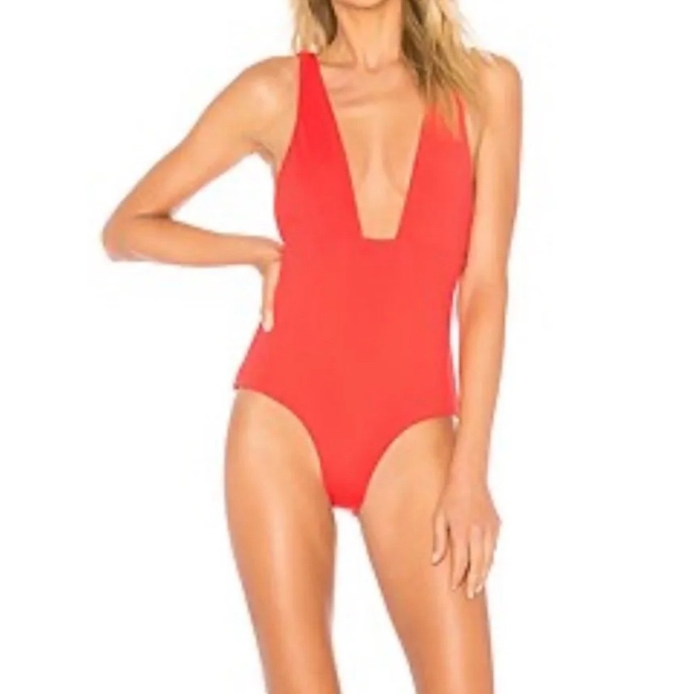 Mara Hoffman Audrey One Piece Swimsuit Vitality Red Deep VNeck Size L
$245retail